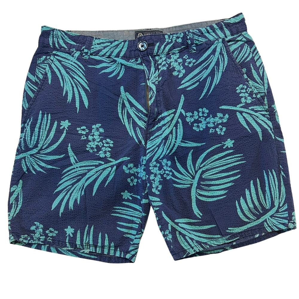 American Rag Men's Seersucker Shorts 34 Navy Turquoise Tropical Palm Vacation